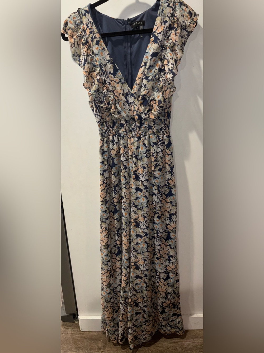 1.STATE Floral Ruffle V-Neck Wide Leg Jumpsuit Size Small Navy Blue